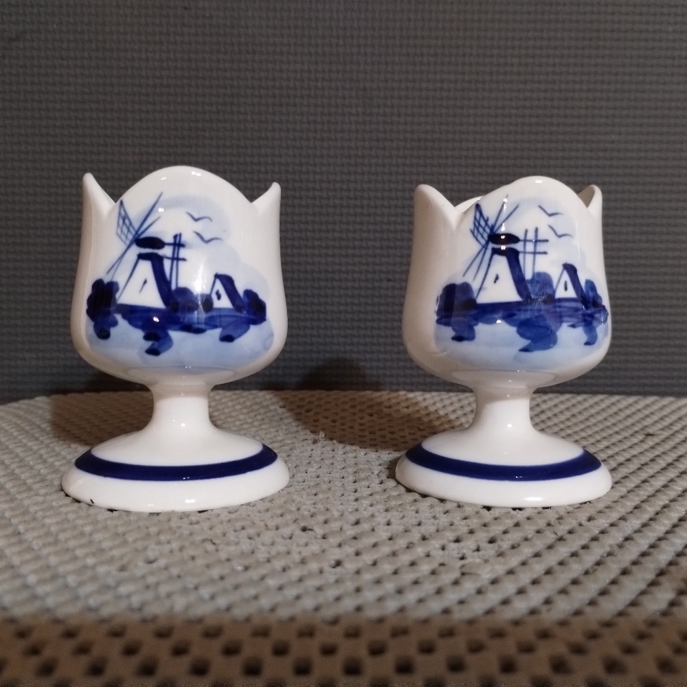 Pair of Holland Hand Painted Delft Blue Windmill Egg Cups